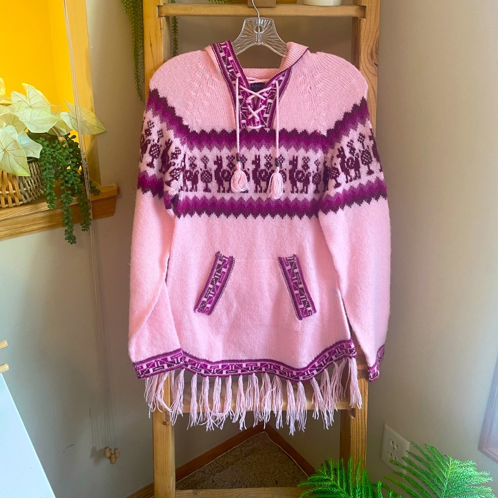 Cutest Pink Alpaca Poncho Sweater